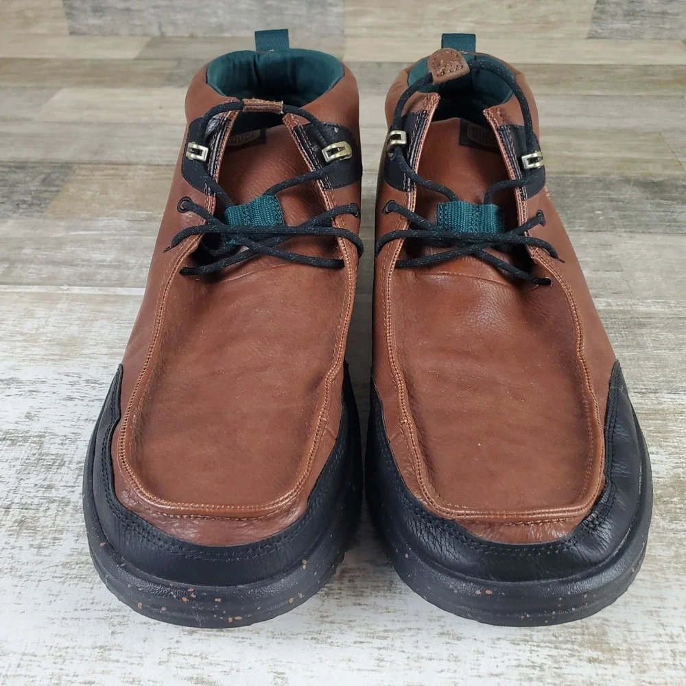 Hey Dude Bradley Mens Chukka Boots Sz 14 M Brown Black Leather Lace Up Mid‎ Top